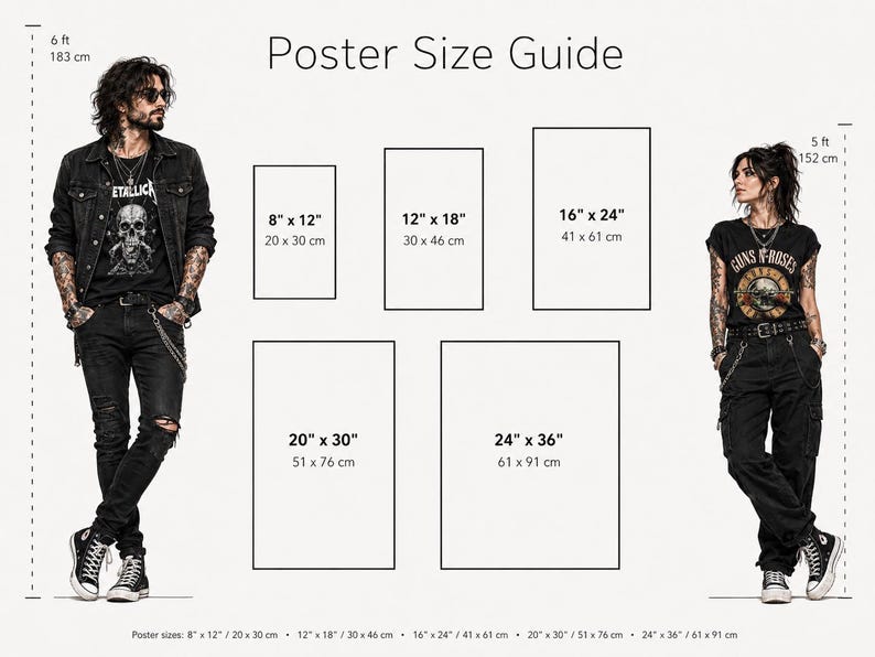 May include: A poster size guide featuring text and five rectangular outlines with dimensions in inches and centimeters. The guide displays sizes 8x12, 12x18, 16x24, 20x30, and 24x36 inches, alongside visual height references of 6 feet and 5 feet.