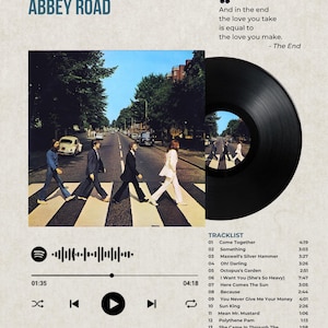May include: A poster featuring The Beatles Abbey Road album art, including the iconic crosswalk photo, a black vinyl record, a tracklist, and Spotify-style playback controls. The text includes the album title, release date, and lyrics.