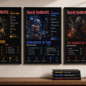 May include: Three framed posters featuring Iron Maiden album art for Piece of Mind, Somewhere in Time, and The Number of the Beast. Each print displays tracklists, release dates, and band information in a structured, data-focused layout.