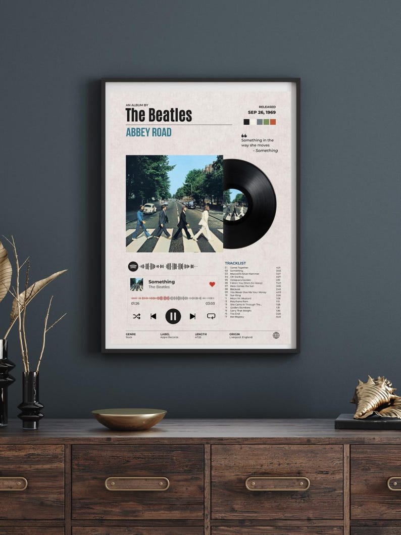 May include: A framed poster featuring The Beatles Abbey Road album artwork, a black vinyl record graphic, a tracklist, and a digital music player interface. The design includes the release date, song lyrics, and a Spotify-style playback bar.