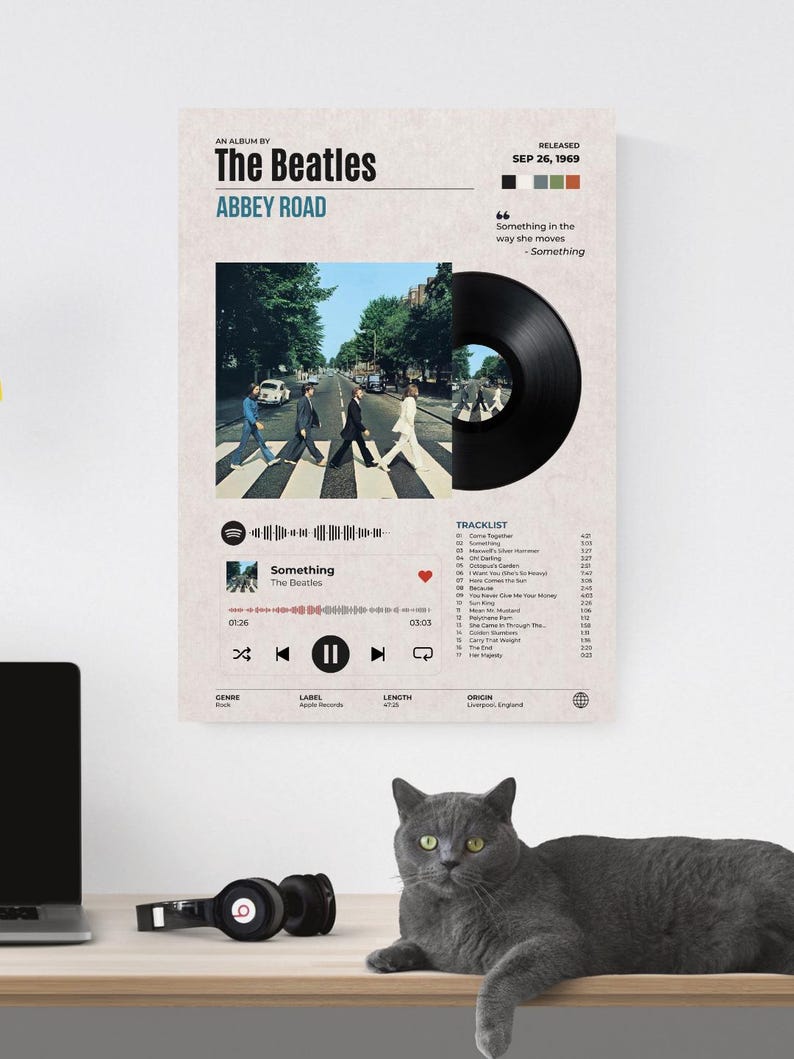 May include: A rectangular wall poster featuring The Beatles Abbey Road album artwork. It includes the iconic crosswalk photo, a black vinyl record graphic, a digital music player interface, tracklist, and release date of September 26, 1969.