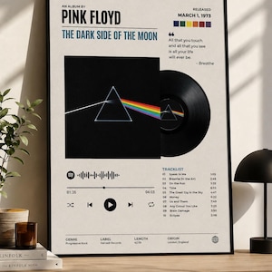 May include: A framed poster featuring the Pink Floyd album The Dark Side of the Moon. The design includes the iconic prism graphic, a black vinyl record, a tracklist, a Spotify-style playback bar, and release details on a light beige background.