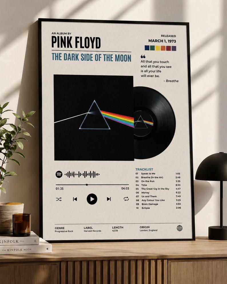 May include: A framed poster featuring the Pink Floyd album The Dark Side of the Moon. The design includes the iconic prism graphic, a black vinyl record, a tracklist, a Spotify-style playback bar, and release details on a light beige background.