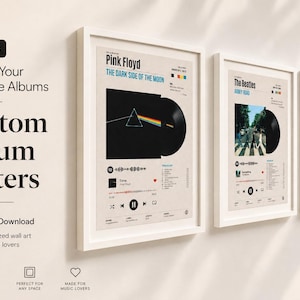 May include: A set of three framed posters featuring custom album art designs. The text reads SET OF 3, Choose Your 3 Favorite Albums, Custom Album Posters, Digital Download, Pink Floyd, The Dark Side of the Moon, The Beatles, Abbey Road, and Bon Jovi.