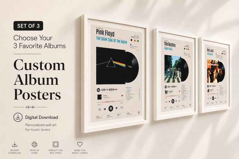 May include: A set of three framed posters featuring custom album art designs. The text reads SET OF 3, Choose Your 3 Favorite Albums, Custom Album Posters, Digital Download, Pink Floyd, The Dark Side of the Moon, The Beatles, Abbey Road, and Bon Jovi.