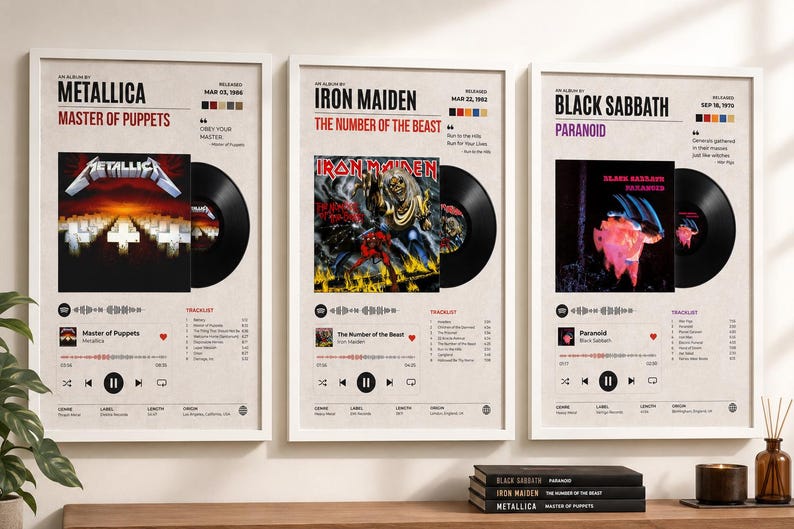 May include: Three framed wall posters featuring music album art for Metallica, Iron Maiden, and Black Sabbath. Each print displays a vinyl record graphic, tracklist, release date, and song information in a clean, minimalist layout on a beige background.