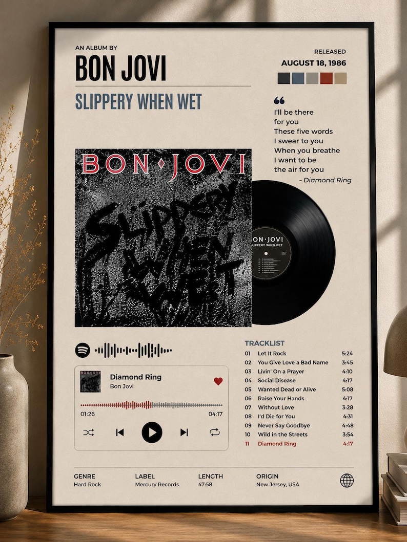 May include: A framed poster featuring the Bon Jovi album Slippery When Wet, released August 18, 1986. It displays the album cover, a black vinyl record, a tracklist, lyrics from Diamond Ring, a Spotify-style player interface, and metadata.