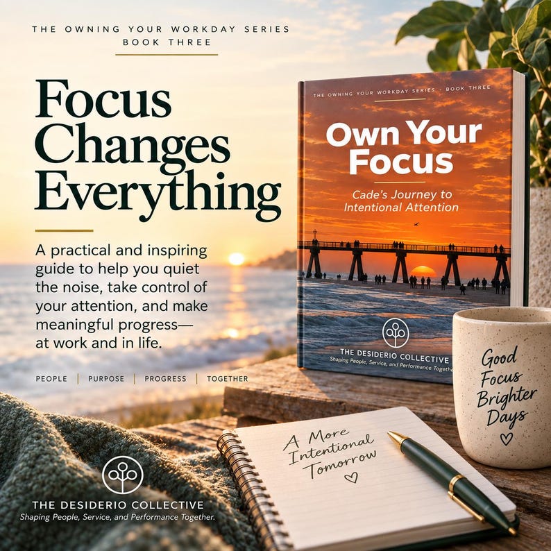 May include: A book titled Own Your Focus: Cade's Journey to Intentional Attention, part of The Owning Your Workday Series. Beside it sits a spiral notebook with A More Intentional Tomorrow written on the page, a pen, and a speckled mug.