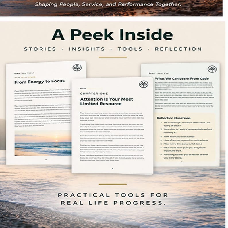 May include: Three open pages of a book titled A Peek Inside, featuring sections on energy, focus, and attention. The text includes headers like From Energy to Focus and Attention Is Your Most Limited Resource, with reflection questions on the right page.