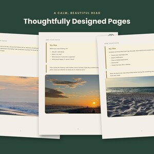 May include: Three open pages of a planner featuring the text "A CALM, BEAUTIFUL READ" and "Thoughtfully Designed Pages." Each page includes "OWN YOUR FOCUS" headers, "Try This" sections with bulleted lists, and rectangular landscape photographs of beach sunsets.