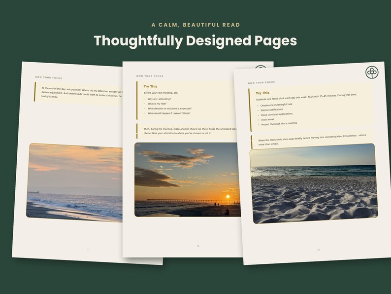 May include: Three open pages of a planner featuring the text "A CALM, BEAUTIFUL READ" and "Thoughtfully Designed Pages." Each page includes "OWN YOUR FOCUS" headers, "Try This" sections with bulleted lists, and rectangular landscape photographs of beach sunsets.