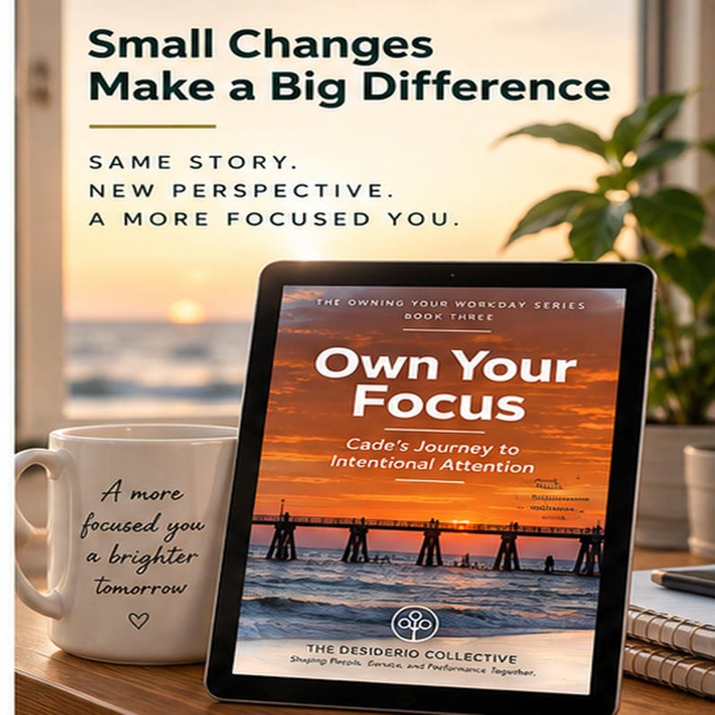 May include: A tablet displaying the book cover Own Your Focus, featuring a pier at sunset. Beside it, a white mug with the text A more focused you a brighter tomorrow. Above, text reads Small Changes Make a Big Difference.