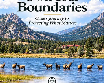 May include: A book cover titled Own Your Boundaries: Cade's Journey to Protecting What Matters, featuring a landscape of a blue lake with a herd of elk standing in the water, backed by green pine forests and rocky mountain peaks under a blue sky.