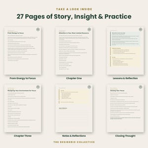 May include: A digital document preview displaying 27 pages of story, insight, and practice from The Desiderio Collective. Six white pages feature dark text, headings like From Energy to Focus and Chapter One, and structured sections.