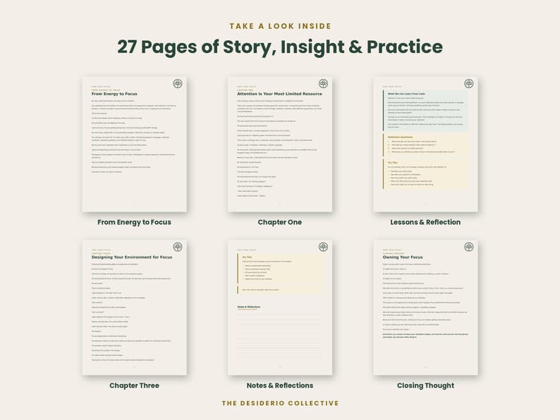May include: A digital document preview displaying 27 pages of story, insight, and practice from The Desiderio Collective. Six white pages feature dark text, headings like From Energy to Focus and Chapter One, and structured sections.