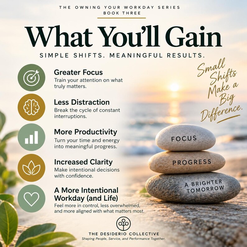 May include: An infographic titled What You'll Gain from The Owning Your Workday Series Book Three. It lists five benefits with icons and features a stack of three smooth stones on a beach with the words Focus, Progress, and A Brighter Tomorrow.