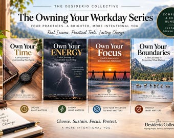 May include: The Owning Your Workday Series 4-book bundle by The Desiderio Collective includes titles Own Your Time, Own Your Energy, Own Your Focus, and Own Your Boundaries. Each book cover features distinct imagery like a watch, lightning, a bridge, and mountains.