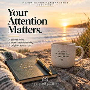 May include: A speckled ceramic mug with the text A MORE INTENTIONAL TOMORROW and a heart icon, a dark green notebook with the text FOCUS ON WHAT MATTERS, and a black pen. The text reads THE OWNING YOUR WORKDAY SERIES BOOK THREE.