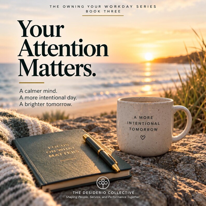 May include: A speckled ceramic mug with the text A MORE INTENTIONAL TOMORROW and a heart icon, a dark green notebook with the text FOCUS ON WHAT MATTERS, and a black pen. The text reads THE OWNING YOUR WORKDAY SERIES BOOK THREE.