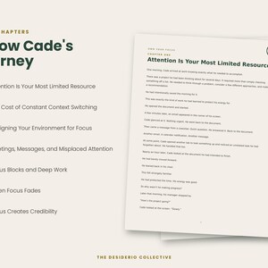 May include: A document titled Follow Cade's Journey with seven chapters listed, including Attention Is Your Most Limited Resource. The text is printed in dark green on off-white paper, featuring a circular logo with a tree icon at the top right.