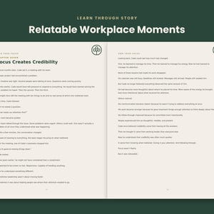 May include: An open book with two pages of text titled Learn Through Story and Relatable Workplace Moments. The left page is headed Chapter Seven Focus Creates Credibility, and both pages feature a small circular icon of a tree.