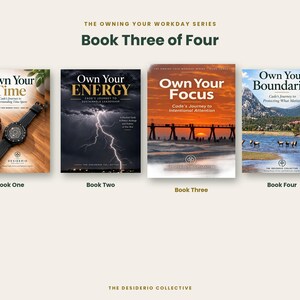 May include: Four books from The Owning Your Workday Series titled Own Your Time, Own Your Energy, Own Your Focus, and Own Your Boundaries. Each cover features distinct imagery including a watch, lightning, a sunset pier, and a mountain lake.