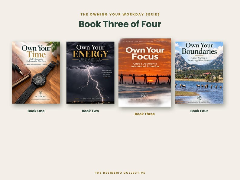 May include: Four books from The Owning Your Workday Series titled Own Your Time, Own Your Energy, Own Your Focus, and Own Your Boundaries. Each cover features distinct imagery including a watch, lightning, a sunset pier, and a mountain lake.