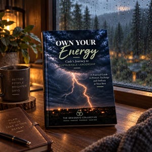 May include: A hardback book titled Own Your Energy: Cade's Journey to Sustainable Leadership, featuring a dark cover with a lightning storm over a city skyline. The book includes the text A Practical Guide to Protect, Recharge and Perform at Your Best and The Desiderio Collective People Purpose Progress Together.