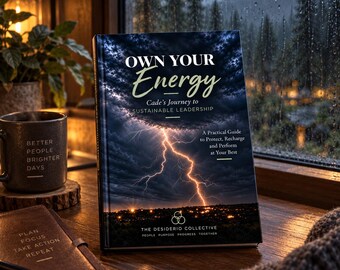 May include: A hardback book titled Own Your Energy: Cade's Journey to Sustainable Leadership, featuring a dark cover with a lightning storm over a city skyline. The book includes the text A Practical Guide to Protect, Recharge and Perform at Your Best and The Desiderio Collective People Purpose Progress Together.