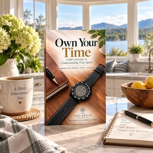 Puede incluir: Un libro titulado Own Your Time: Cade's Journey to Understanding Time Spent, que presenta un reloj de pulsera negro sobre un fondo de madera. La portada incluye el texto The Owning Your Workday Series - Book One y el logo The Desiderio Collective.