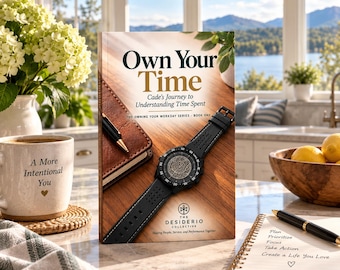 May include: A book titled Own Your Time: Cade's Journey to Understanding Time Spent, featuring a black wristwatch on a wooden background. The cover includes the text The Owning Your Workday Series - Book One and The Desiderio Collective logo.