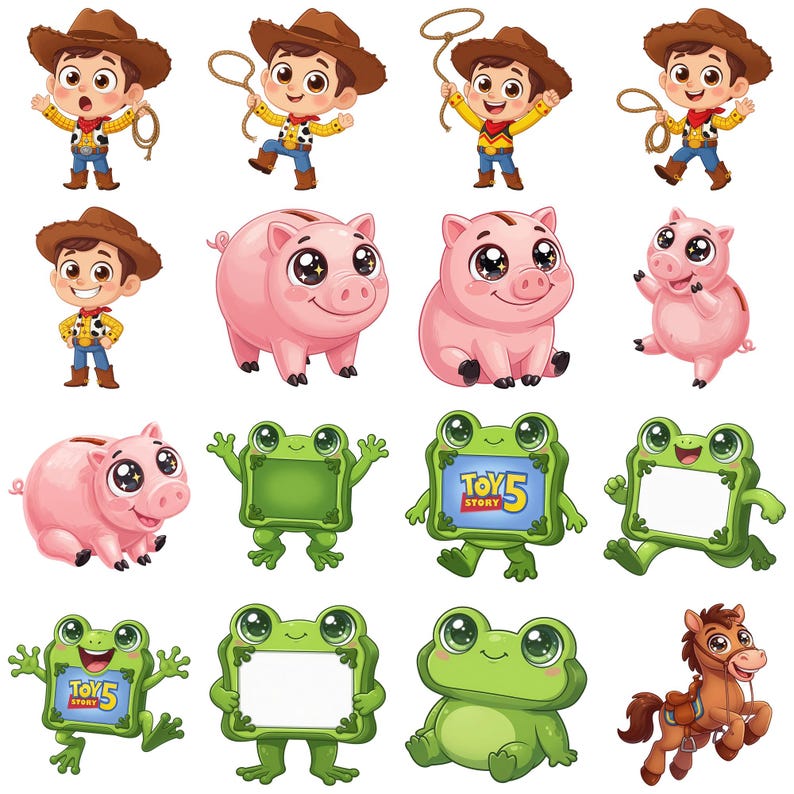 May include: A collection of cartoon illustrations featuring a cowboy character in various poses, pink piggy banks with large sparkling eyes, green frog-shaped frames with blank or Toy 5 text centers, and a brown horse with a saddle and bridle.
