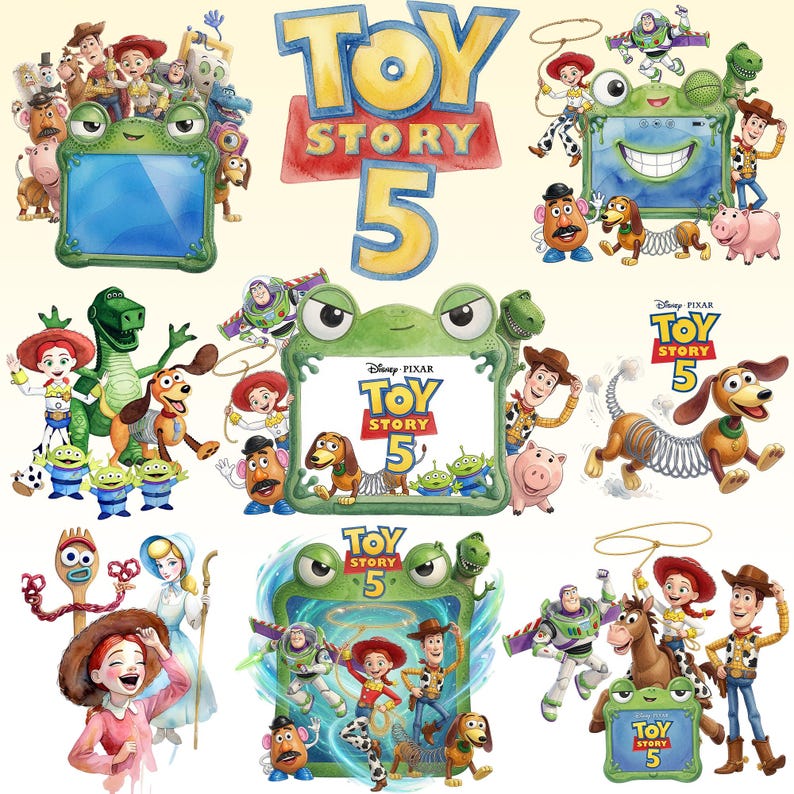 May include: A collection of Toy Story 5 themed illustrations featuring characters like Woody, Buzz Lightyear, Jessie, Slinky Dog, Mr. Potato Head, and Rex. The designs include green frog-shaped frames, blue and yellow text, and various action poses.