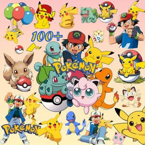 May include: A collection of colorful Pokemon character illustrations featuring Pikachu, Ash Ketchum, Bulbasaur, Charmander, Squirtle, Eevee, Jigglypuff, Meowth, and Togepi. The image includes multiple Poke Balls, balloons, and the text 100+ and Pokemon.