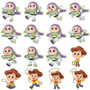 May include: A collection of cartoon character illustrations featuring a space ranger in a white, green, and purple suit with wings, and a cowboy in a brown hat, yellow shirt, and blue pants, shown in various poses including flying, running, and holding a lasso.