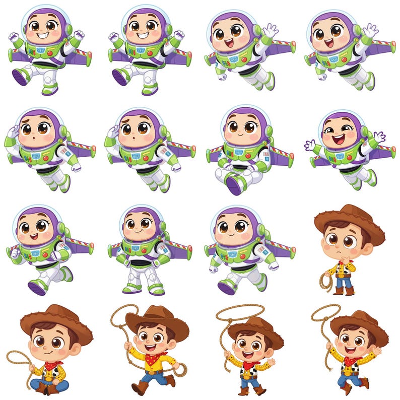 May include: A collection of cartoon character illustrations featuring a space ranger in a white, green, and purple suit with wings, and a cowboy in a brown hat, yellow shirt, and blue pants, shown in various poses including flying, running, and holding a lasso.