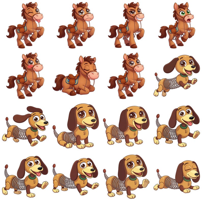 May include: A collection of sixteen cartoon illustrations featuring brown horses with saddles and tan dogs with spring-like bodies. The characters display various facial expressions and poses, including sitting, standing, jumping, and sleeping, in a grid layout.