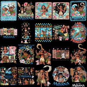 May include: A collection of Disney Moana graphic designs featuring Moana, Maui, Pua, and Heihei in various tropical settings with floral accents, ocean waves, and text elements including Moana, How Far I'll Go, and I Am Still Not A Princess.