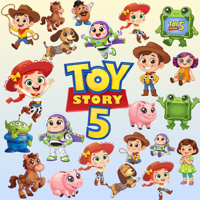 May include: A digital illustration featuring the Toy Story 5 logo in blue and yellow text surrounded by various cartoon characters including a cowboy, cowgirl, space ranger, pig, horse, dog, alien, and a doll, all rendered in a colorful, stylized art.