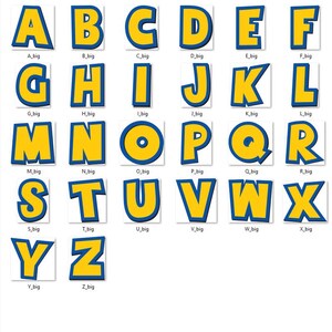 May include: A collection of twenty-six individual capital letters from A to Z, each featuring a bright yellow fill with a bold blue outline and a subtle drop shadow effect. Each letter is presented on a white square background with a label below.