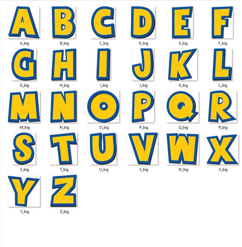 May include: A collection of twenty-six individual capital letters from A to Z, each featuring a bright yellow fill with a bold blue outline and a subtle drop shadow effect. Each letter is presented on a white square background with a label below.