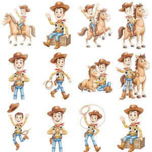 May include: A collection of twelve illustrations featuring a cartoon cowboy character in a yellow long-sleeve shirt with a cow-print vest, blue jeans, brown boots, and a brown cowboy hat, often accompanied by a brown horse or a wooden crate.