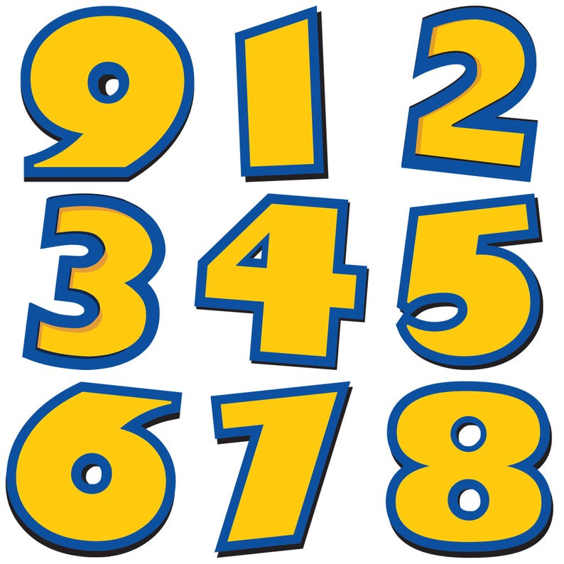 May include: A set of nine individual numbers from zero to nine, each featuring a bright yellow fill with a bold blue outline and a subtle drop shadow effect. The digits are arranged in a grid pattern, displaying a blocky, cartoon-inspired typeface.