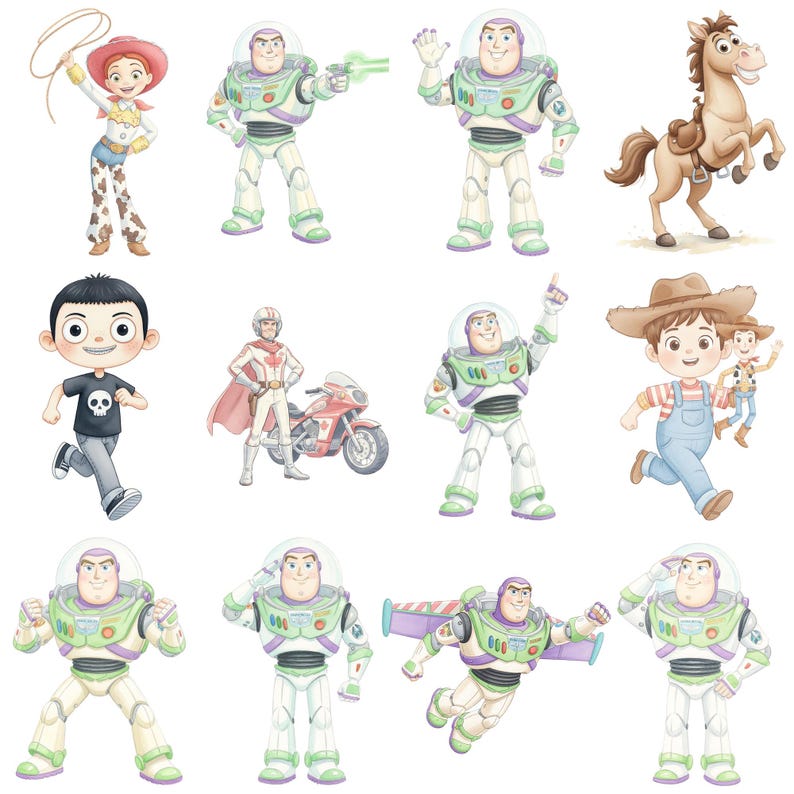 May include: A collection of twelve cartoon character illustrations featuring a cowgirl with a lasso, multiple space rangers in white and green suits, a brown horse, a boy in a skull t-shirt, a hero with a motorcycle, and a boy in overalls.