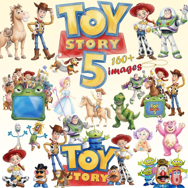 May include: A digital collection of Toy Story 5 themed illustrations featuring characters like Woody, Buzz Lightyear, Jessie, Bullseye, Rex, Slinky Dog, and Mr. Potato Head, with the text Toy Story 5 and 160+ images displayed in a watercolor style.
