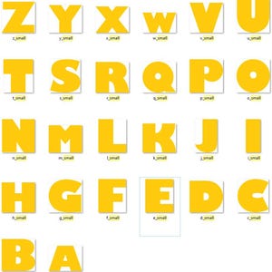 May include: A collection of twenty-six individual square tiles, each featuring a bold, solid yellow capital letter of the English alphabet from A to Z, displayed against a plain white background with corresponding text labels below each tile.