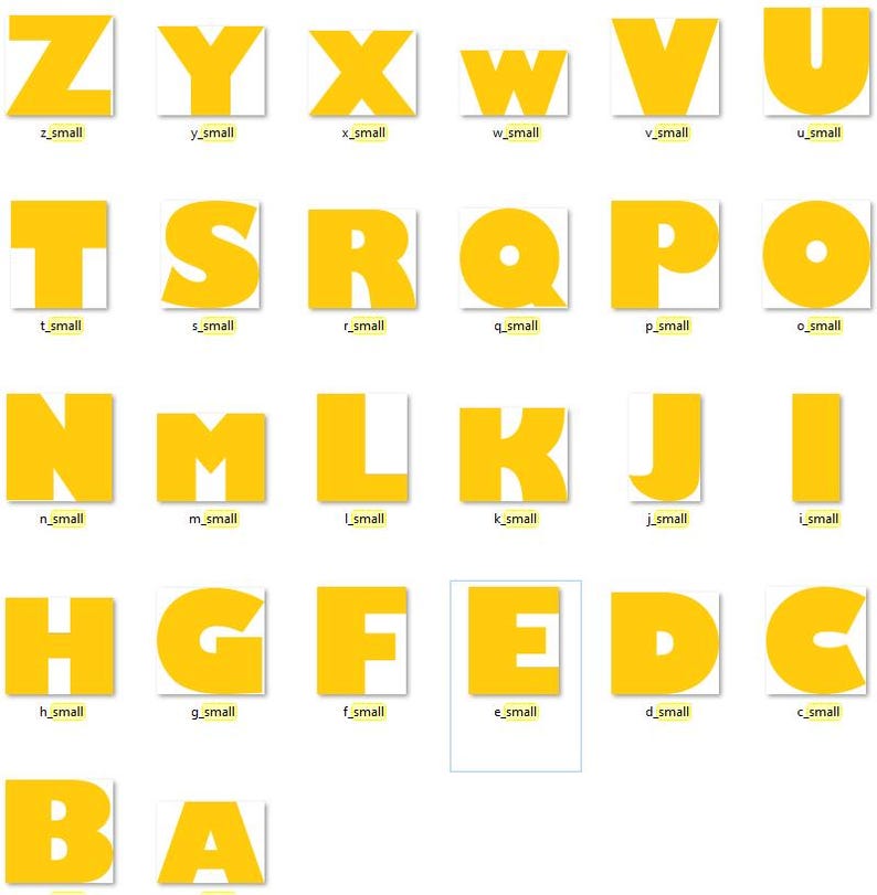 May include: A collection of twenty-six individual square tiles, each featuring a bold, solid yellow capital letter of the English alphabet from A to Z, displayed against a plain white background with corresponding text labels below each tile.