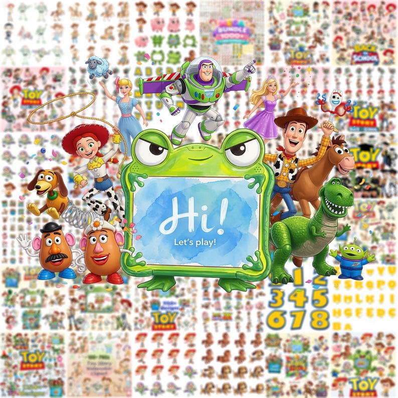 May include: A digital collage of Toy Story character stickers featuring Buzz Lightyear, Woody, Jessie, Rex, and Mr. and Mrs. Potato Head. A central green frog-shaped frame displays the text Hi! Let's play! against a blue watercolor background.