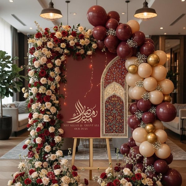 Letrero de bienvenida Ramadán Mubarak / Granate y dorado / Decoración islámica moderna / Eventos islámicos / Descarga digital