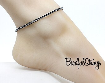 Thin Dainty Miyuki Bead Anklet -  Boho Ankle Bracelet - Fun Checkerboard Design